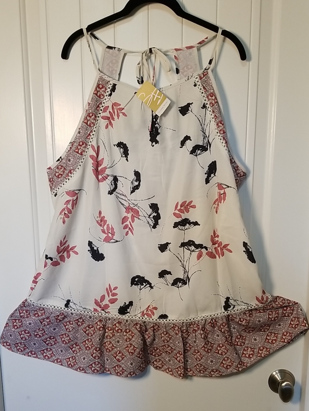 Suzanne Betro Cream Floral Tank w/Pink and Black Prints & Ruffle Hemline 2X NWT